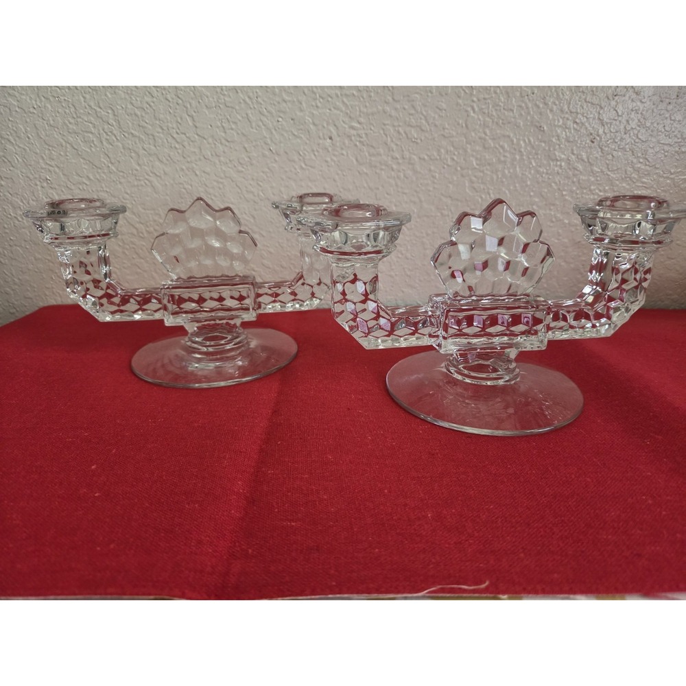 Vtg Fostoria Glass Double Flat Foot Candlestick Candle Holder American Clear (2)